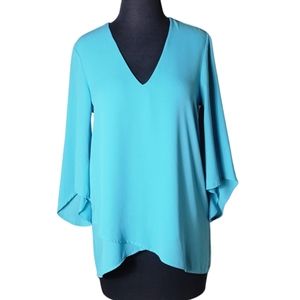 Karen Kane turquoise v neck high low blouse bell sleeve top size XS